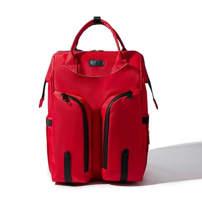 Sac à dos à langer pour jumeaux rouge avec accents noirs et poches extérieures