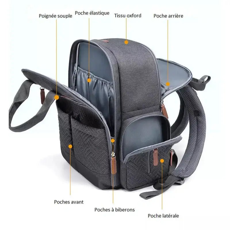 Sac à dos sac à langer gris foncé en tissu Oxford avec plusieurs poches et poignée douce