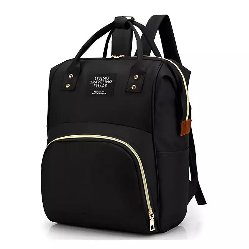 Sac à dos à langer tendance noir avec fermetures éclair et poignées en or
