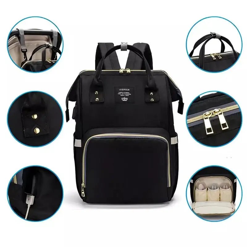 Sac à dos à langer tendance noir multifonction avec compartiments et port USB
