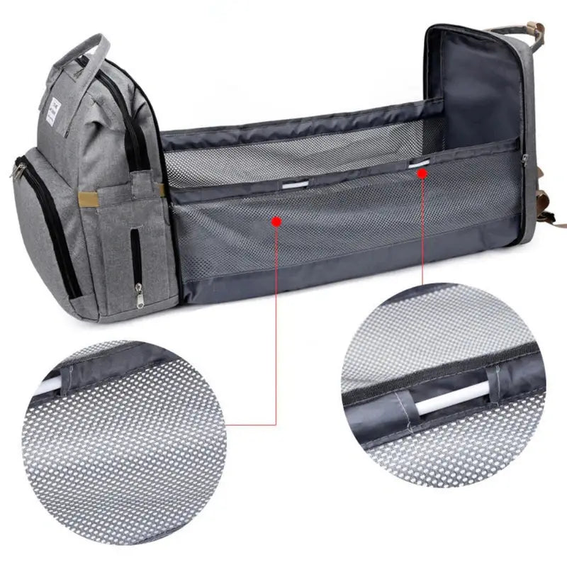 Sac à dos à langer USB gris pliable se transforme en berceau pour bébé