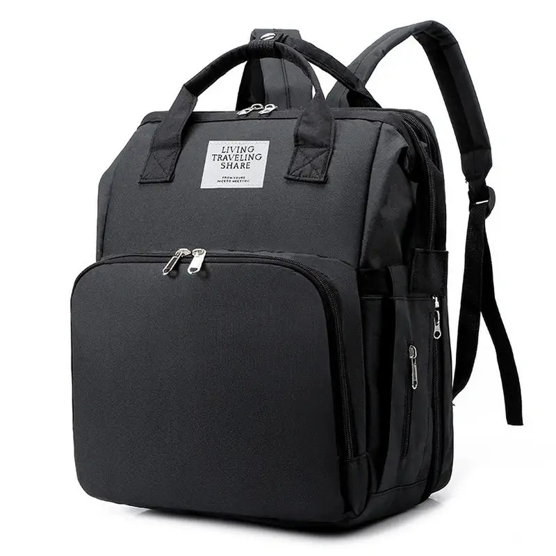 Sac à dos à langer USB en tissu noir avec plusieurs compartiments zippés