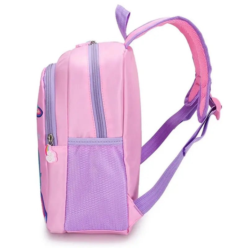 Sac à dos licorne maternelle rose et violet avec poches en mesh et bretelles rembourrées
