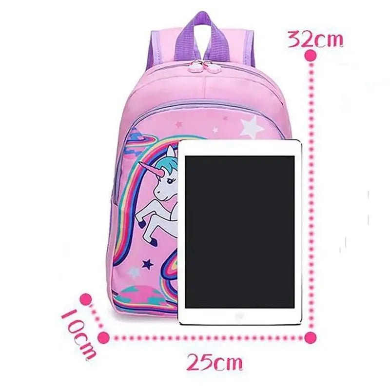 Sac à dos licorne maternelle rose avec bretelles violettes et compartiments zippés