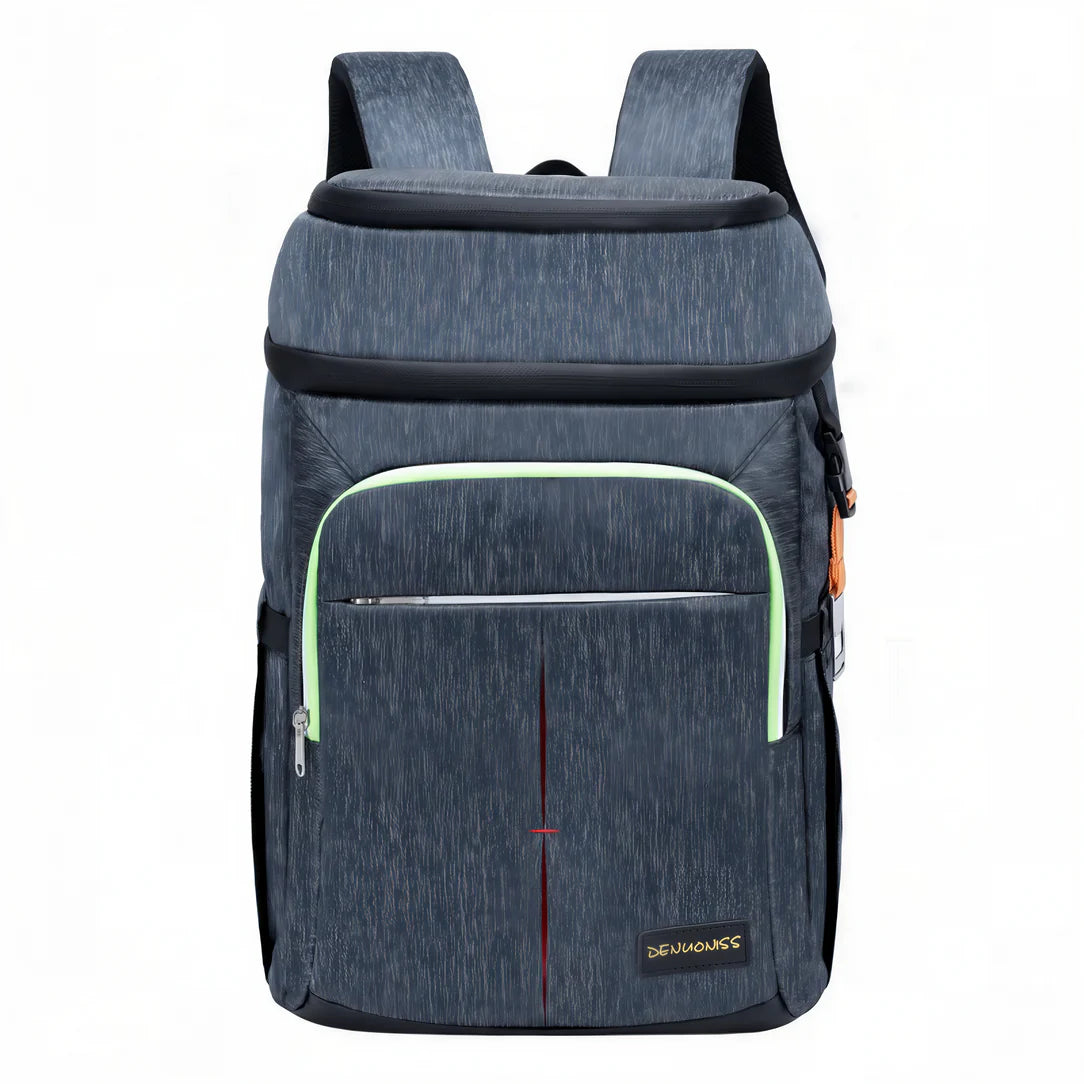 Sac à dos à lunch isotherme bleu avec texture gris foncé, trim vert clair et multiples compartiments