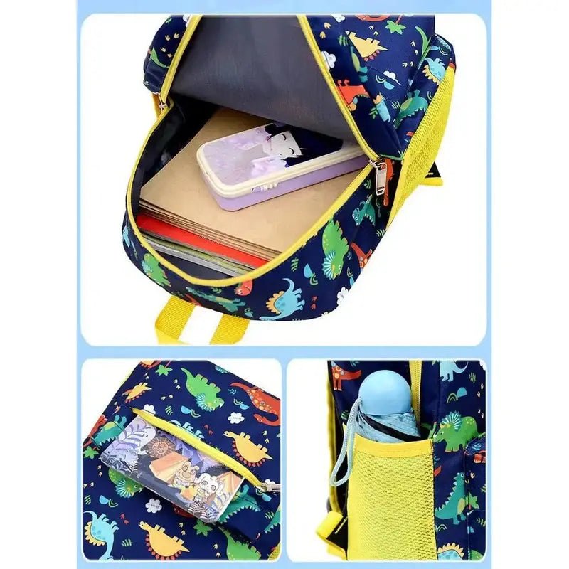 Sac à dos maternelle garçon dinosaure avec motif dinosaure, grand compartiment, poche avant et poche latérale en mesh