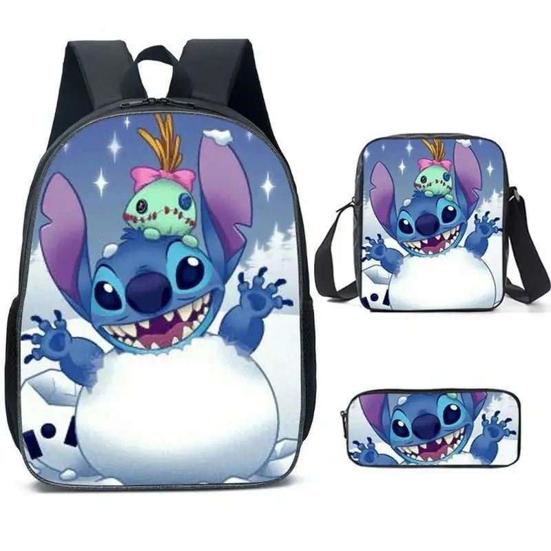 Sac à dos maternelle Stitch avec motif Stitch et Scrump, scène hivernale bleue et blanche
