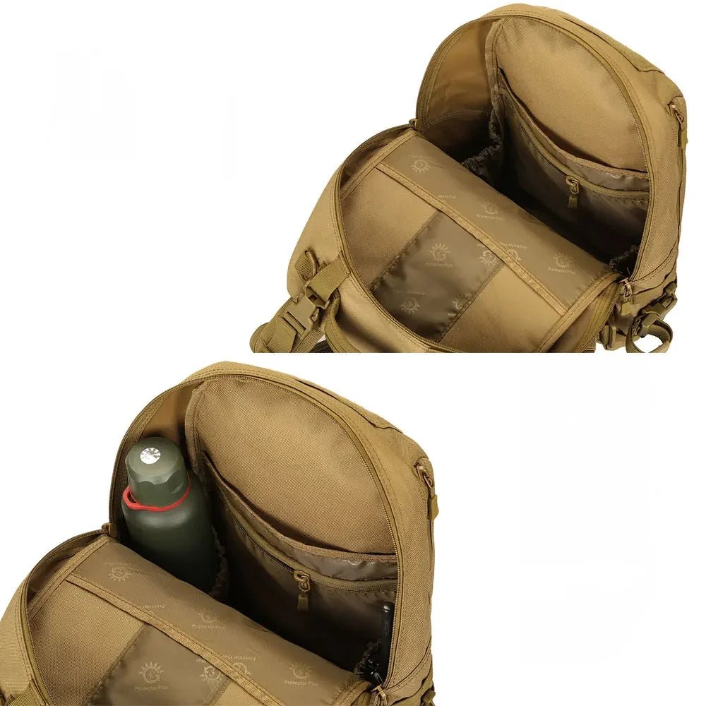 Sac à dos militaire 25L 1000D tan avec multiples poches internes et porte-bouteille