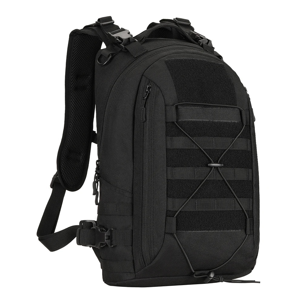 Sac à dos militaire 25L 1000D noir avec sangle tactique, MOLLE et cordon élastique