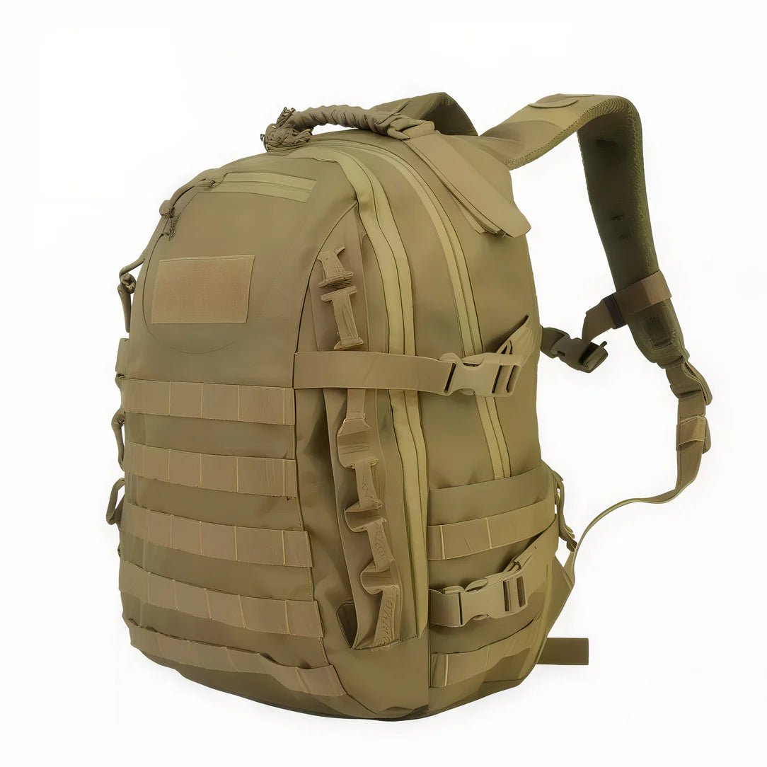 Sac à dos militaire 35l beige tactique avec plusieurs compartiments, sangles et boucles