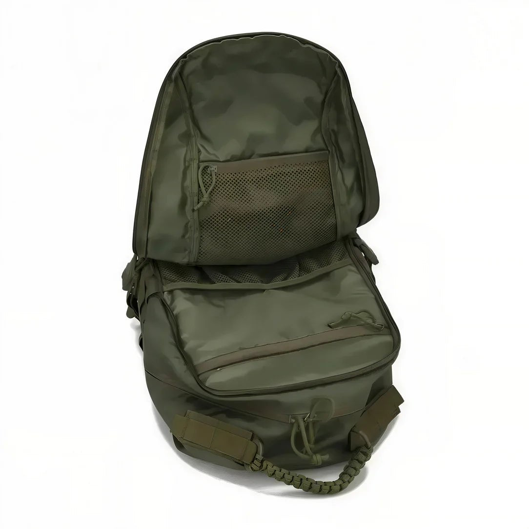 Sac à dos militaire 35l vert olive avec multiples compartiments et poignée en paracorde