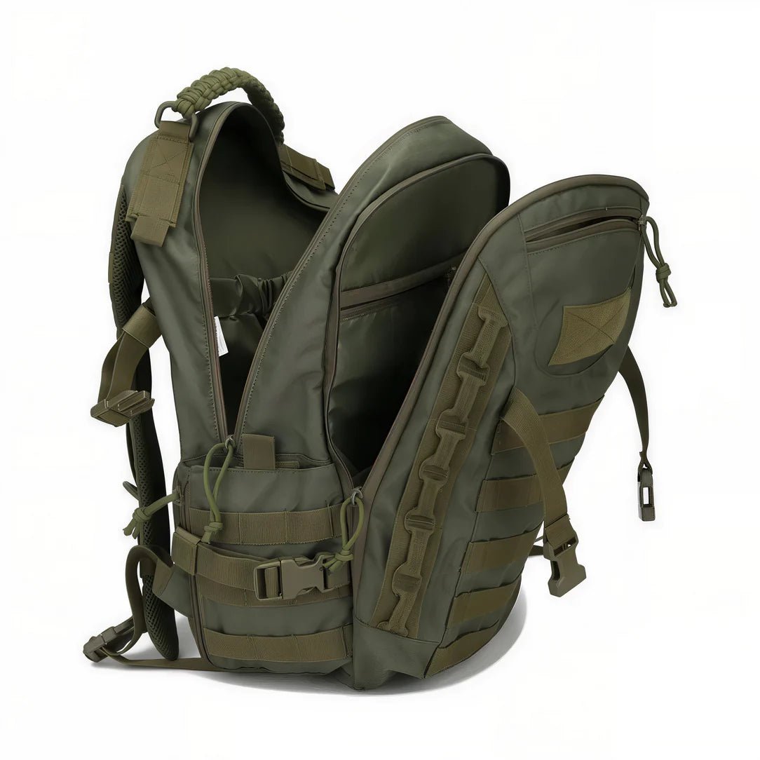 Sac à dos militaire 35l vert olive tactique avec plusieurs compartiments et webbing MOLLE