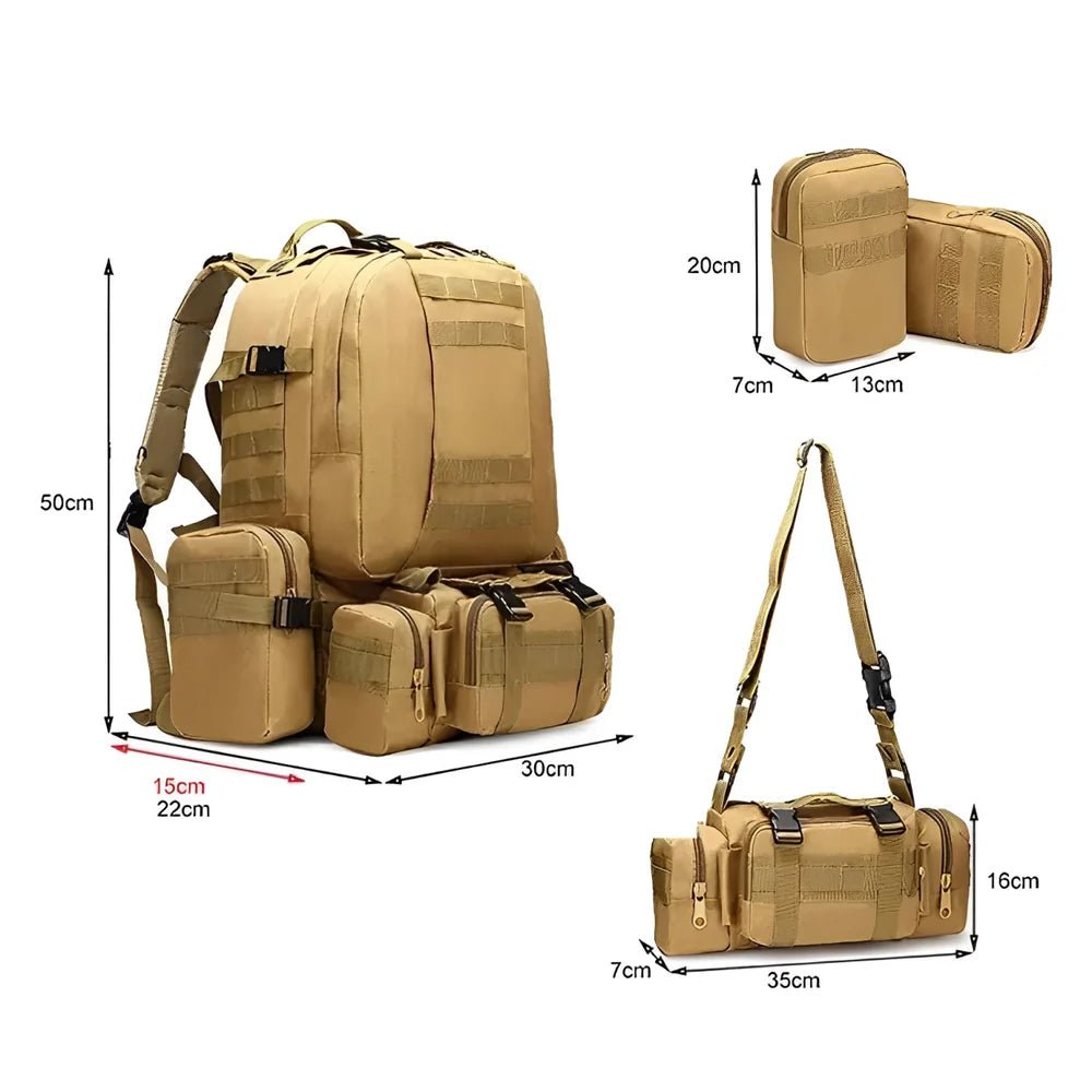 Sac à dos militaire 50l d’airsoft modulable tan avec pochettes détachables et ceinture