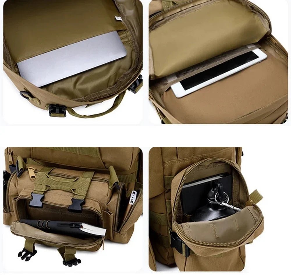 Sac à dos militaire 50l d’airsoft khaki avec multiples compartiments pour électronique et équipement