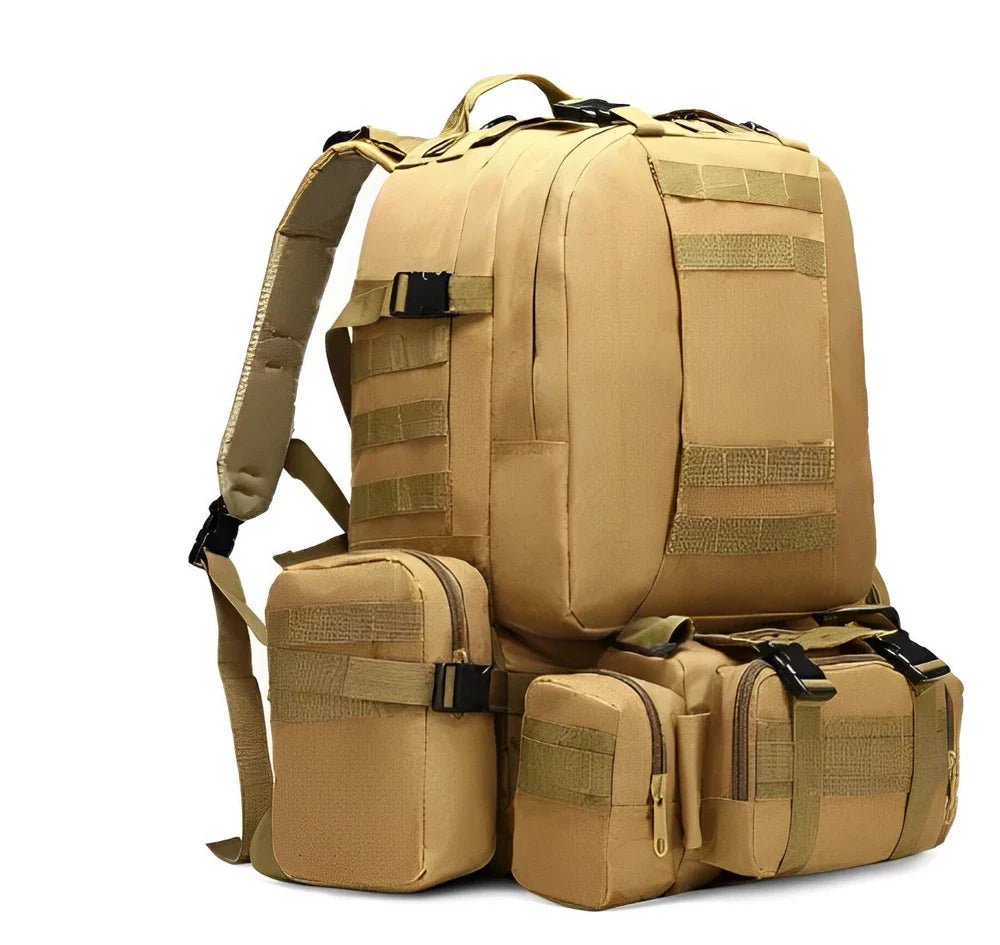 Sac à dos militaire 50l d’airsoft tan avec multiples poches extérieures et bretelles ajustables