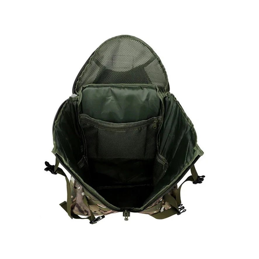 Sac à dos militaire vert camouflage 60L avec plusieurs poches internes robustes