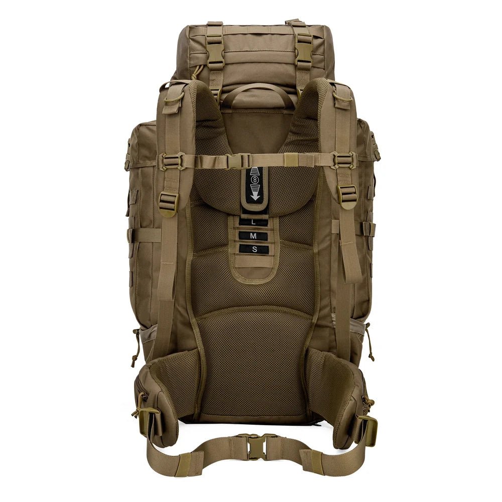 Sac à dos militaire 70L 600D beige avec panneau dorsal ajustable et bretelles rembourrées