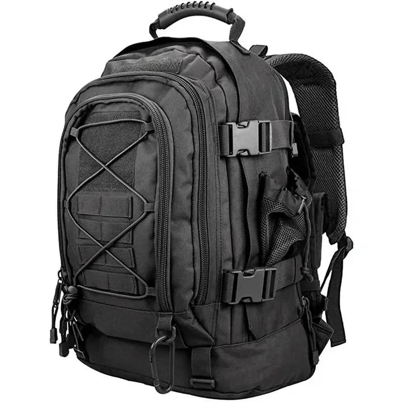 Sac à dos militaire tactique noir avec plusieurs compartiments et sangles robustes