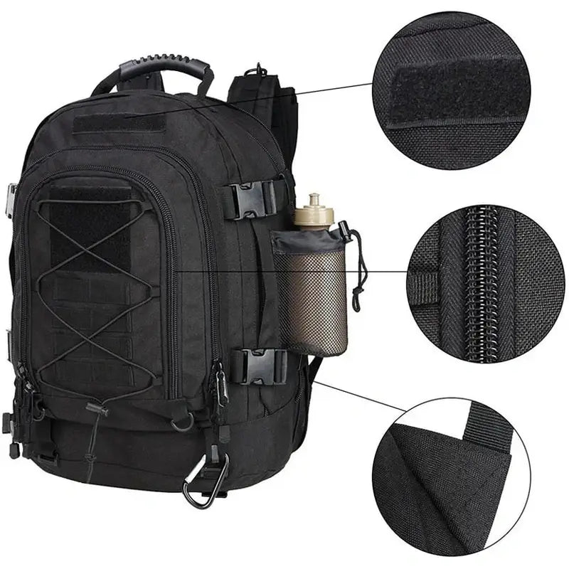 Sac à dos militaire tactique noir avec porte-bouteille extérieur et nombreux points d’attache