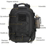 Sac à dos militaire tactique noir avec multiples compartiments, renforts et attaches extérieures