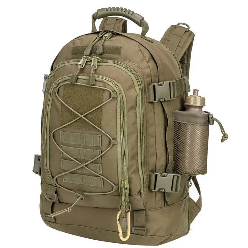 Sac à dos militaire tactique vert olive avec plusieurs compartiments et porte-bouteille