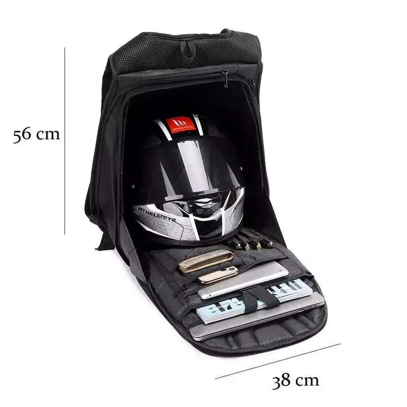 Sac à dos moto à coque avec casque, ordinateur portable et compartiments essentiels