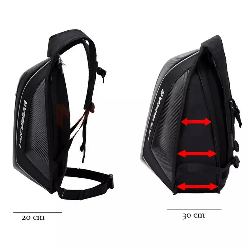 Sac à dos moto à coque noir avec bretelles ajustables et capacité extensible