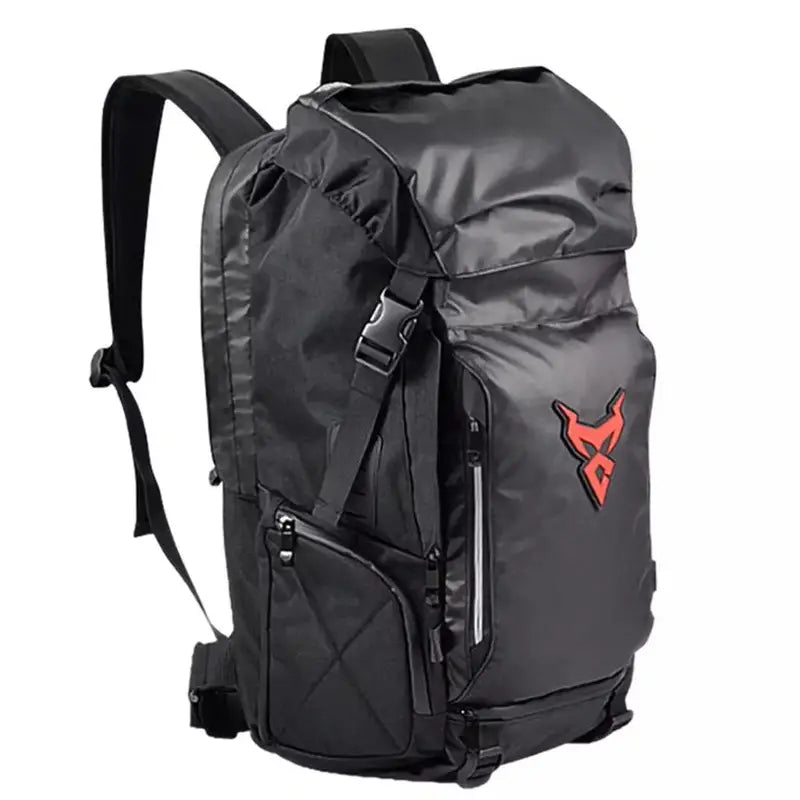 Sac à dos moto homme noir avec logo rouge et plusieurs poches pour homme