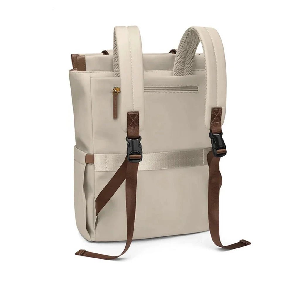 Sac à dos multifonction femme beige avec bretelles marron et boucles noires
