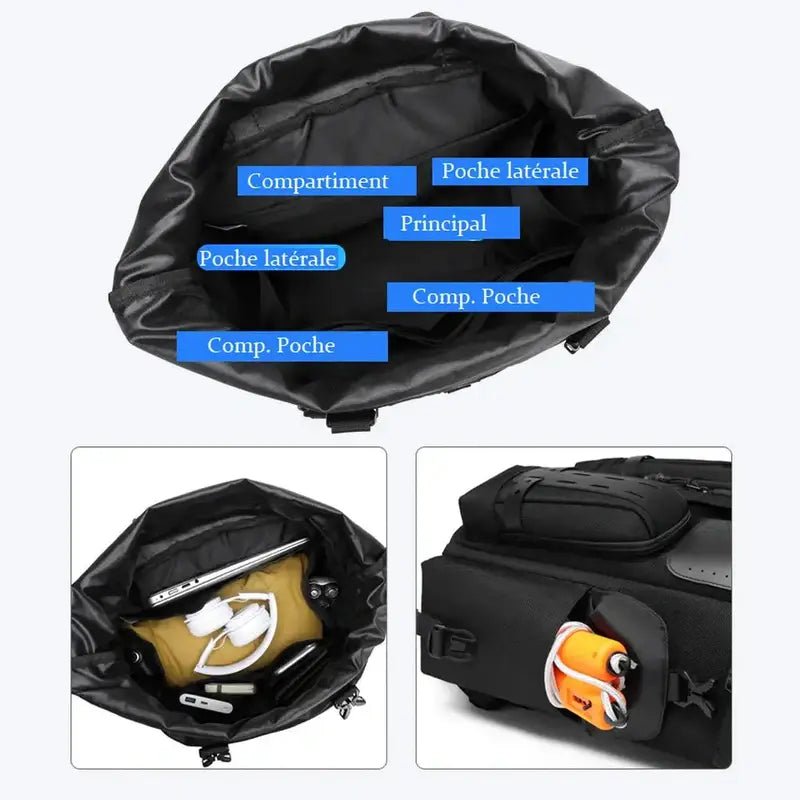 Sac à dos multifonction en noir avec plusieurs compartiments pour un rangement organisé
