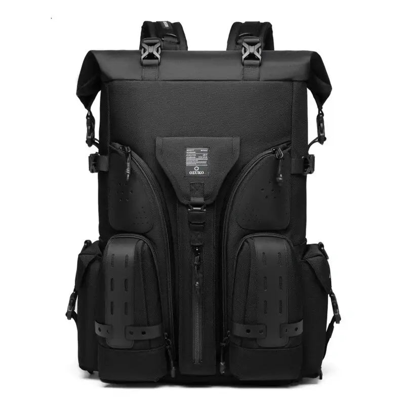 Sac à dos multifonction noir tactique avec poches extérieures et fermeture roulée