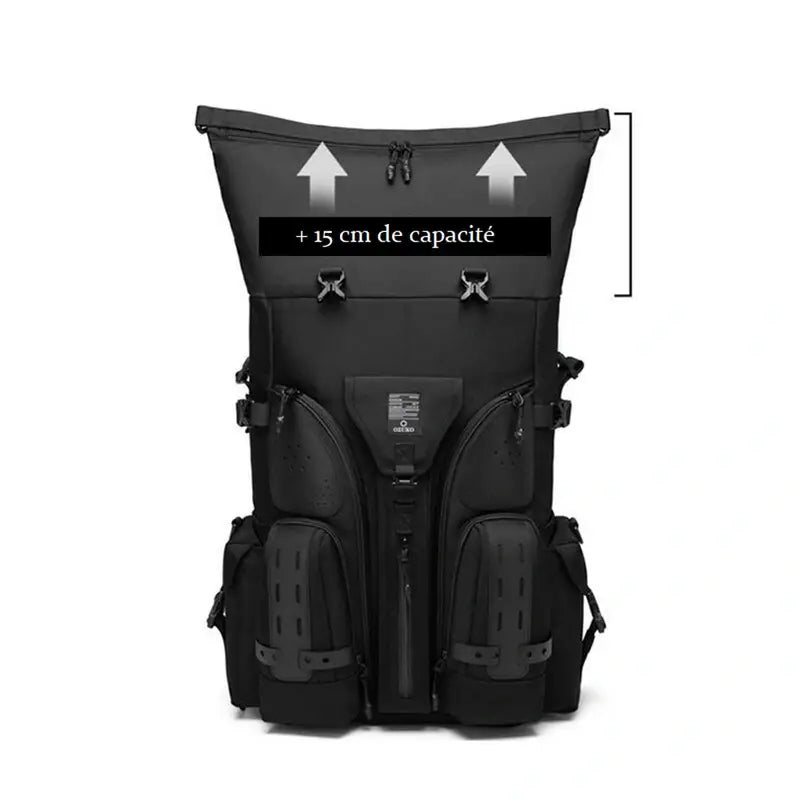 Sac à dos multifonction noir tactique avec compartiments externes et extension en haut