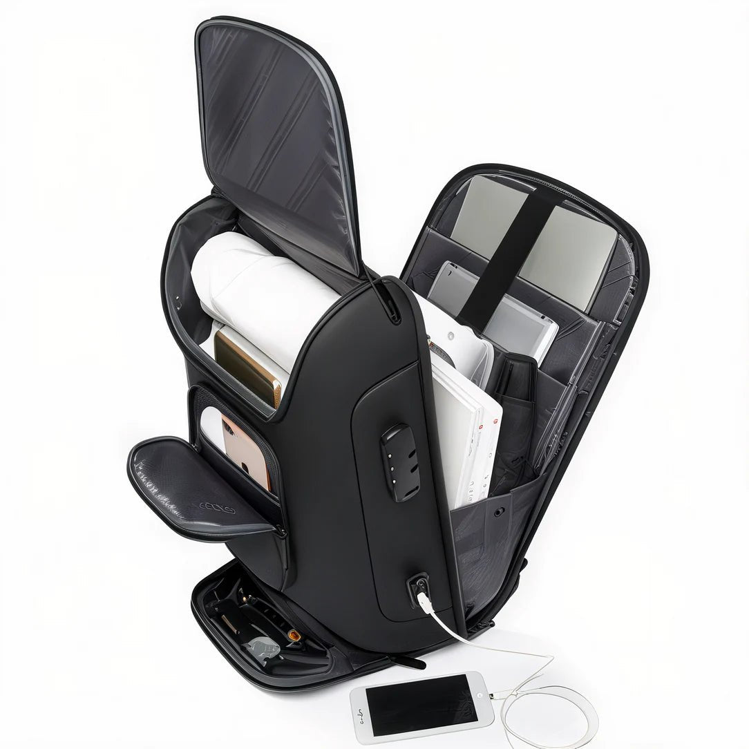 Sac à dos multipoches antivol IronPack noir avec ports USB et serrure combinée
