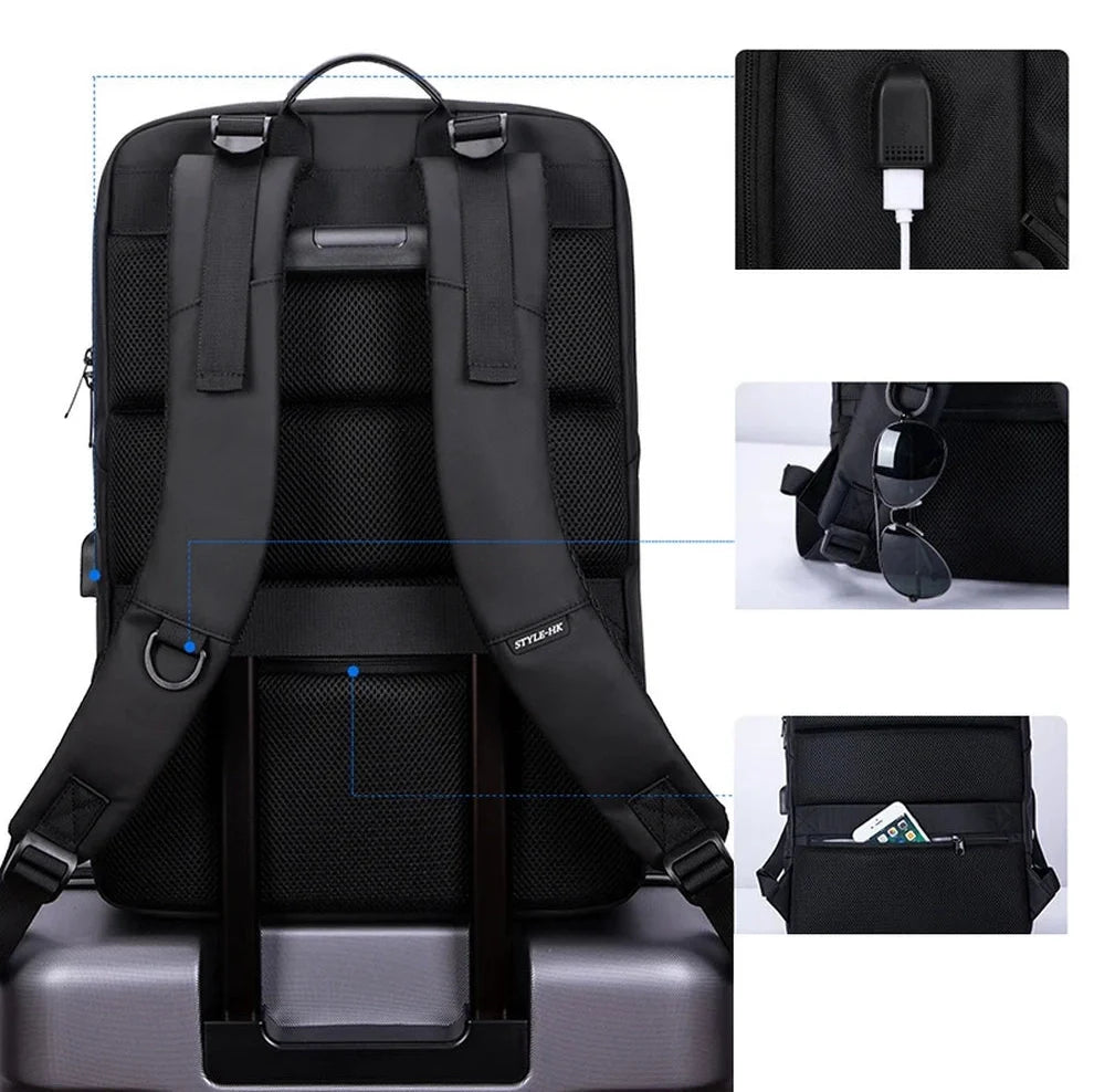 Sac à dos noir élégant pour ordinateur avec porte-ordinateur, port USB et multiples compartiments