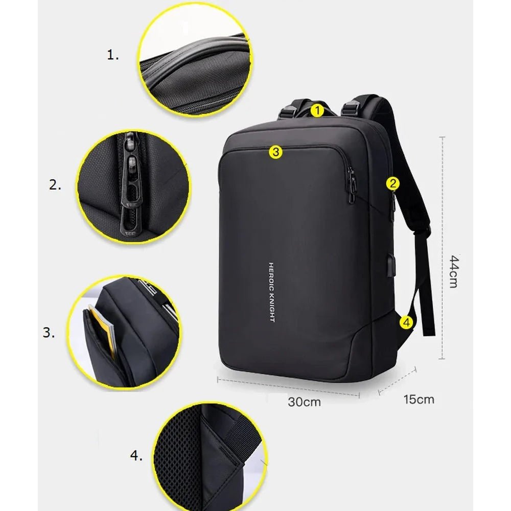 Sac à dos noir HEROIC KNIGHT élégant pour ordinateur avec plusieurs compartiments et bretelles rembourrées
