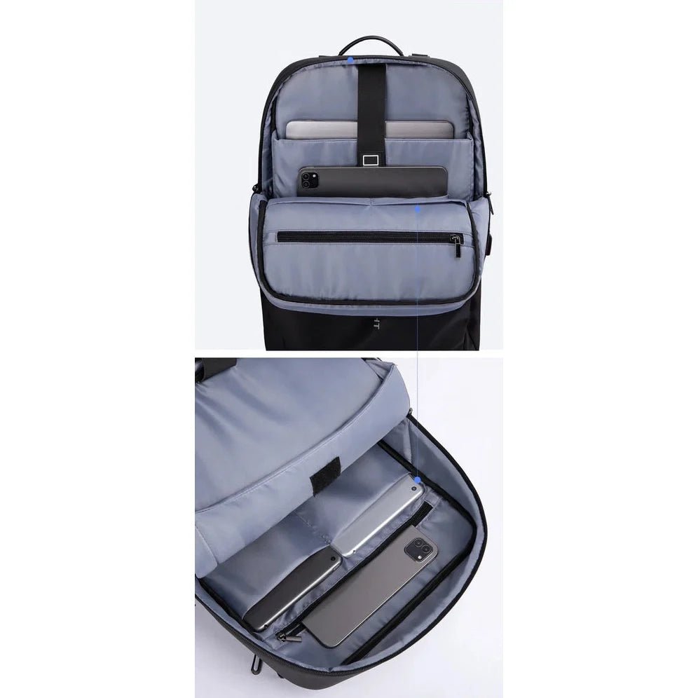 Sac à dos noir élégant pour ordinateur avec plusieurs compartiments pour appareils électroniques