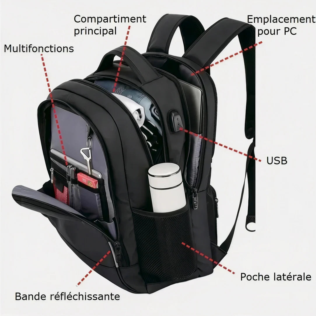 Sac à dos noir homme avec multiples compartiments et bande réfléchissante