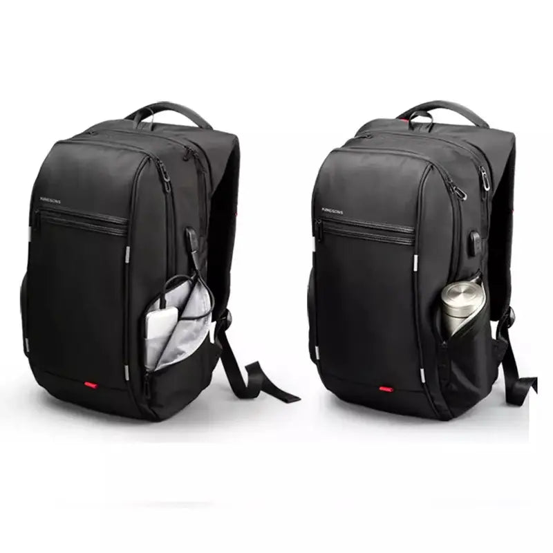 Deux sacs à dos noirs pour ordinateur femme avec poches latérales, un avec batterie externe et l’autre avec bouteille d’eau