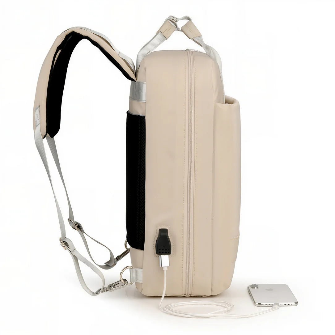 Sac à dos ordinateur 16 pouces femme Sélène beige avec port de chargement USB intégré