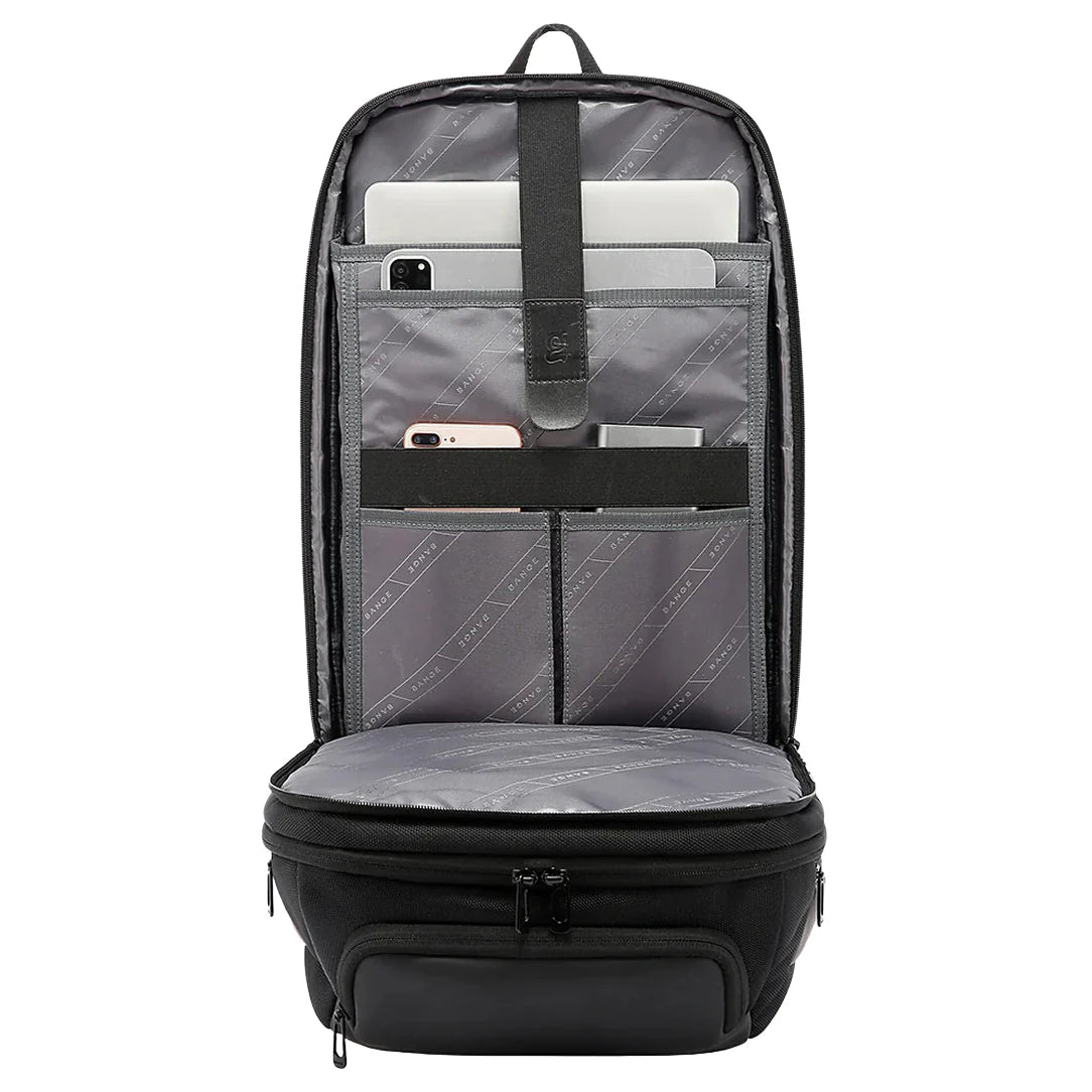 Sac à dos ordinateur 17 pouces Orion noir ouvert avec plusieurs compartiments pour électronique