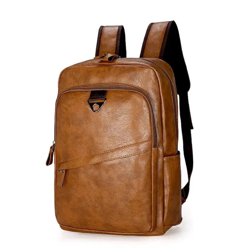 Sac à dos ordinateur homme en cuir en faux cuir marron avec poche zippée frontale