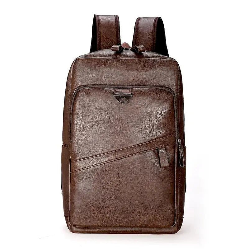 Sac à dos ordinateur homme en cuir en faux cuir marron foncé avec poches zippées