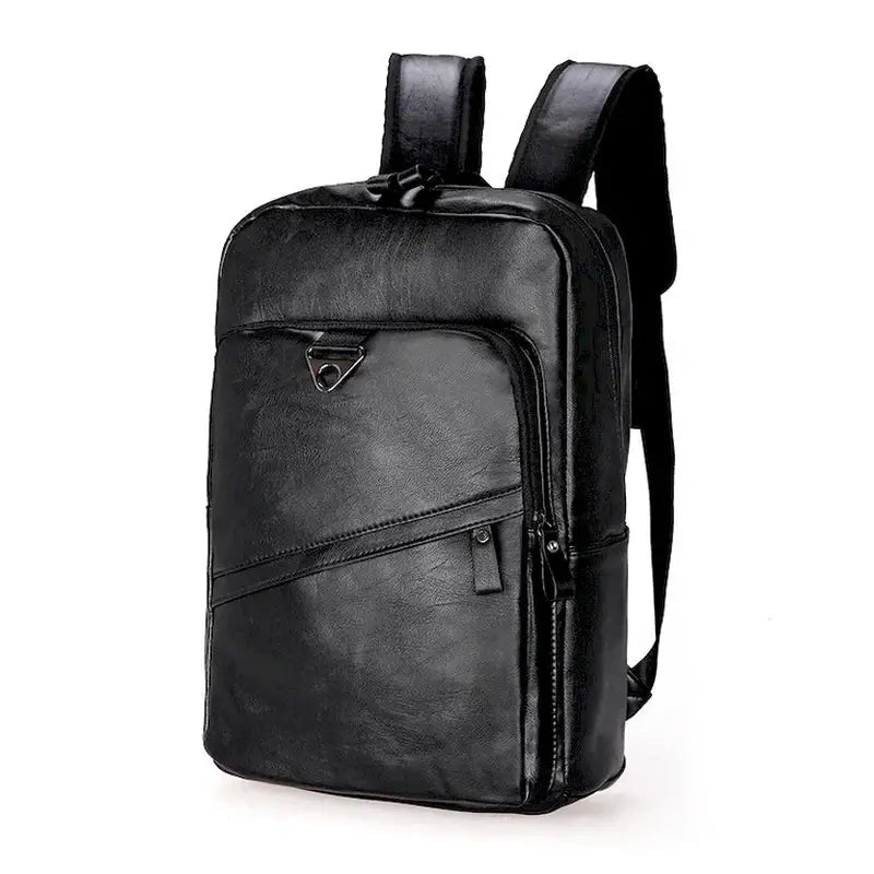 Sac à dos ordinateur homme en cuir en faux cuir noir avec plusieurs poches zippées