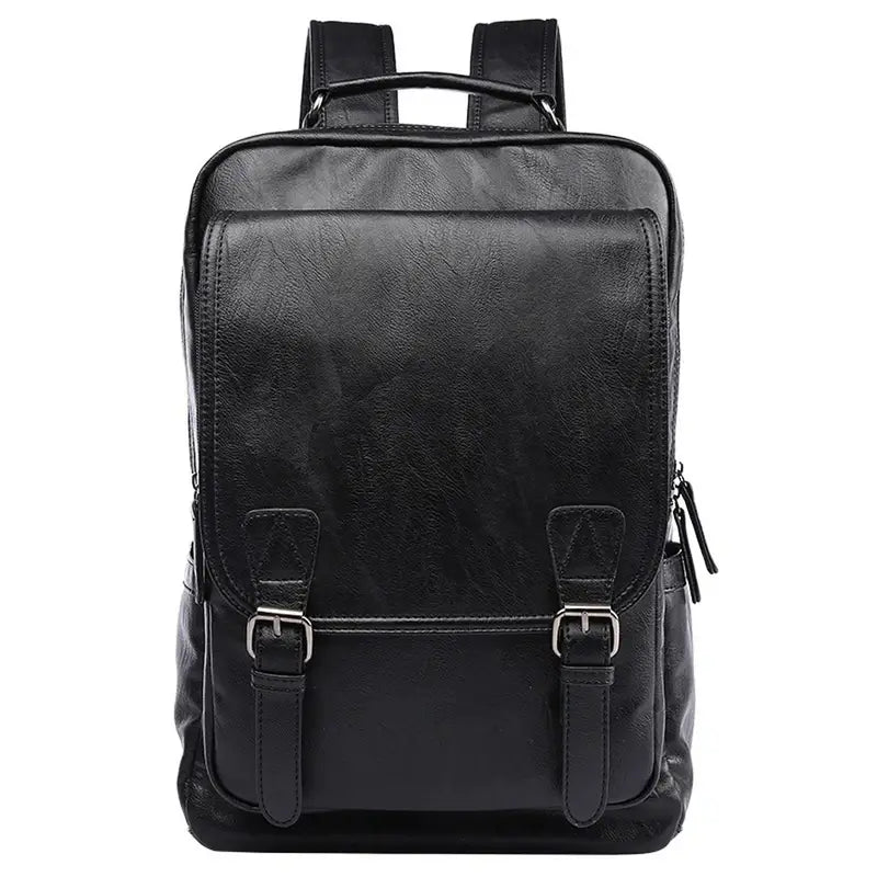 Sac à dos ordinateur homme imitation cuir en faux cuir noir avec deux boucles frontales