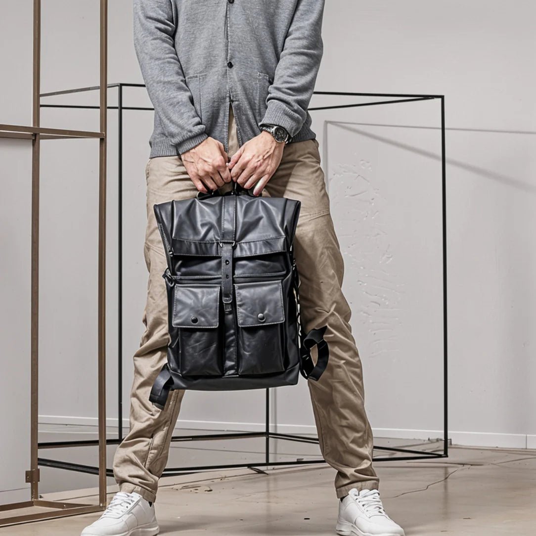 Sac à dos ordinateur imperméable homme en faux cuir noir avec plusieurs poches