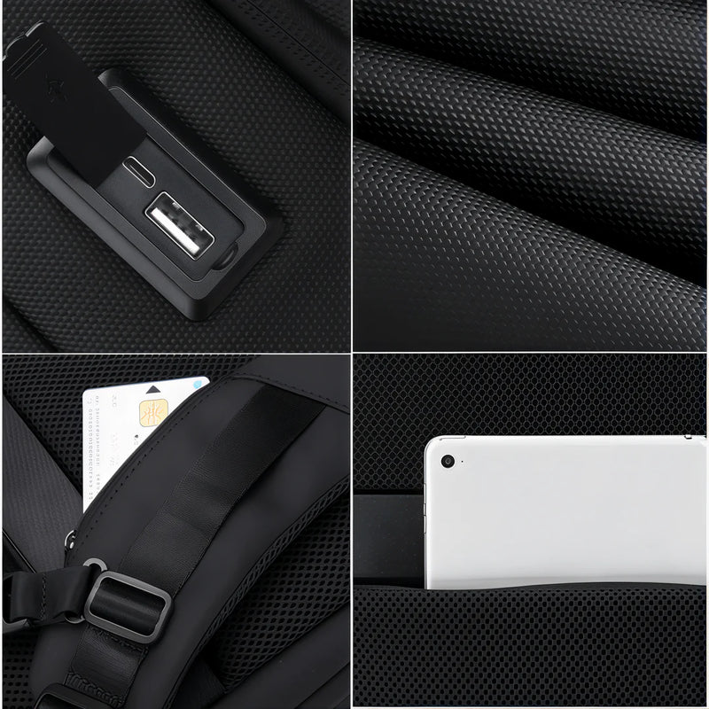 Sac à dos ordinateur Nebula 16 noir avec port USB, tissu texturé, poche secrète et compartiment pour tablette