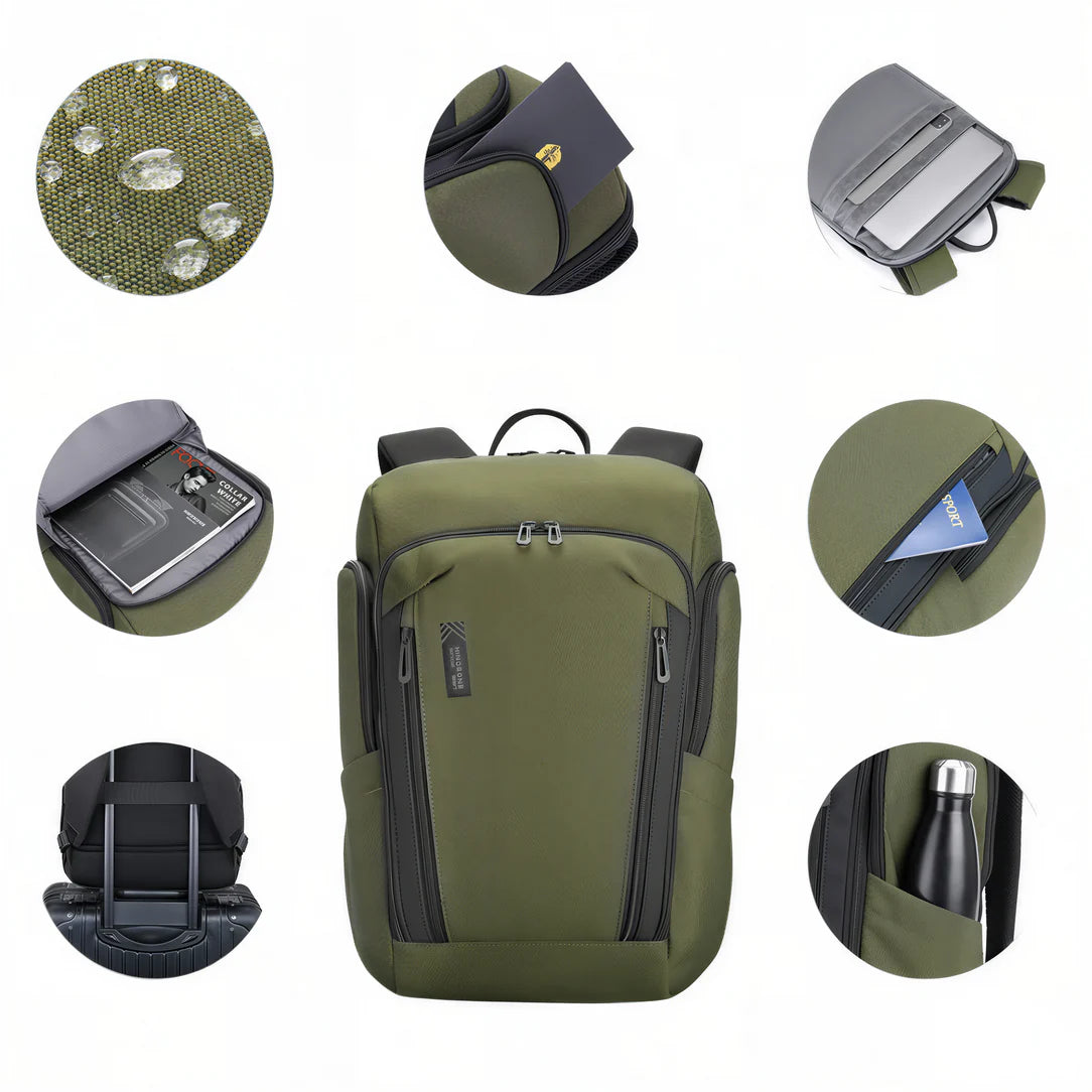 Sac à dos PC portable ouverture 180° vert avec compartiments et tissu résistant à l’eau