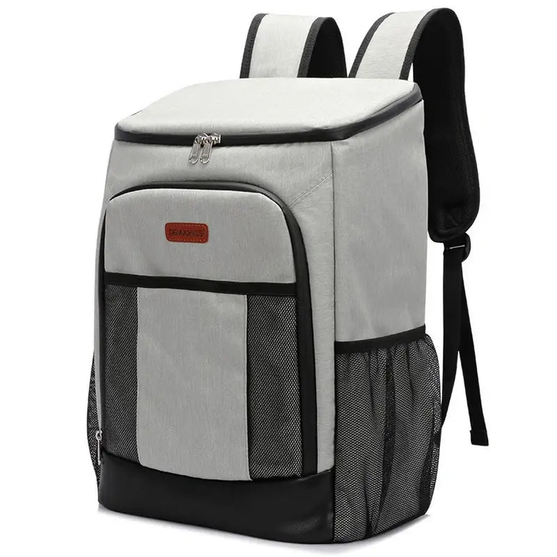 Sac à dos picnic isotherme gris clair avec accents noirs et poches latérales en mesh