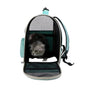 Sac à dos porte chat mint vert et noir avec mesh, contenant un chat gris et blanc fluffy