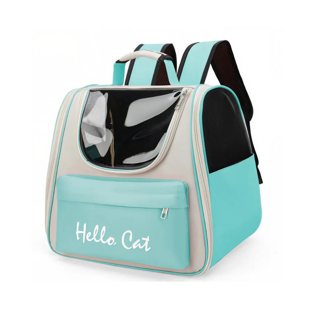 Sac à dos porte chat Hello Cat en aqua beige avec fenêtre transparente et poche latérale
